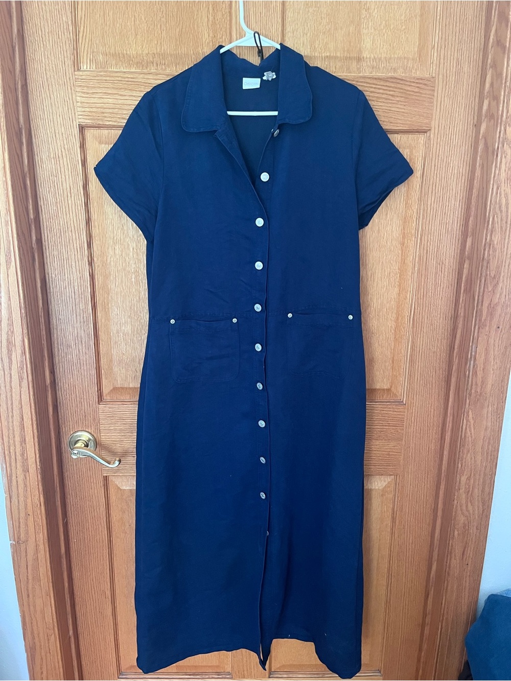 Cherokee Classic Navy Button-Front Shirt Dress patch pockets